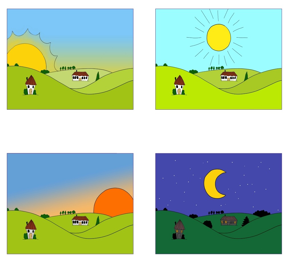 Quatre paysages illustrant le lever de soleil, le midi, le coucher de soleil et la nuit